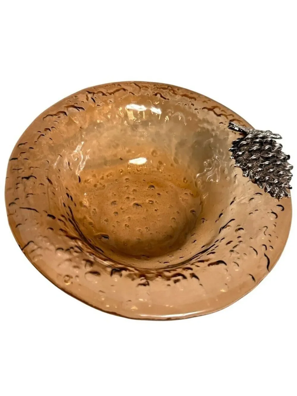 Amber Art Glass Dish Pinecone Embellishment